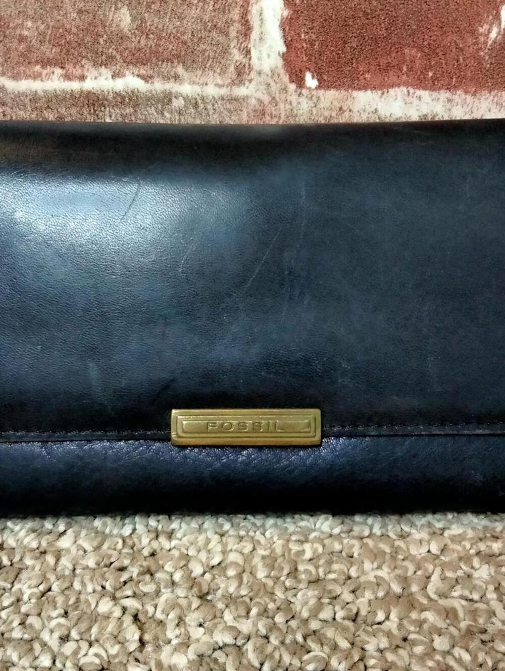 Vintage Fossil Black Leather Trifold Flap Wallet Brass Logo Plate